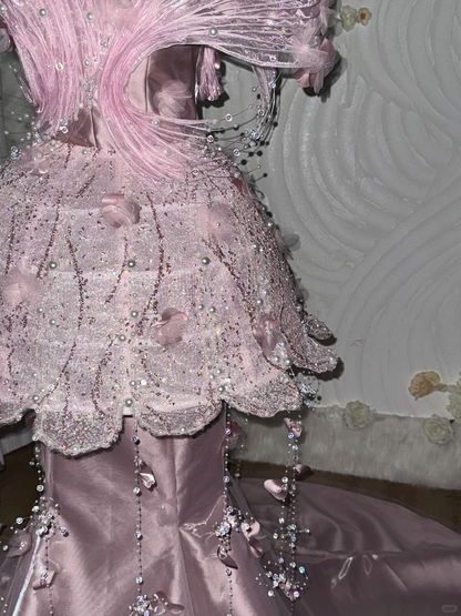 Glamorous Pink Tulle Beaded Tassel Mermaid Long Party Dress Strapless Prom Dress SP4224