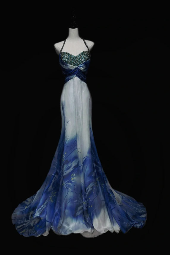 Gorgeous Halter Chiffon Print Floral Beaded Backless Prom Gown Mermaid Long Party Dress SP511