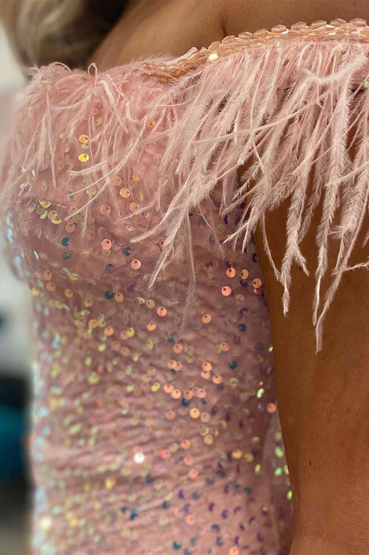 Short Sequin Off the Shoulder Pink Feather Bodycon Homecoming Dress Y2862