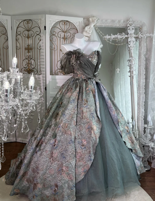 Unique Relief Satin Ball Gown Off The Shoulder Beaded Birthday Quinceanera Dress SP1460