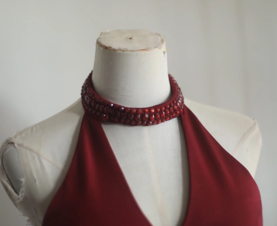 Pretty Halter Red Satin Beaded Mermaid Evening Dress Long Wedding Guest Dress SP1249