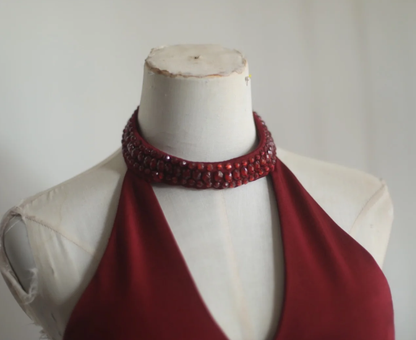 Pretty Halter Red Satin Beaded Mermaid Evening Dress Long Wedding Guest Dress SP1249