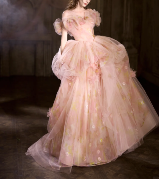 Pretty Pink Floral Tulle Long Birthday Prom Dress Strapless Party Gowns SP2096