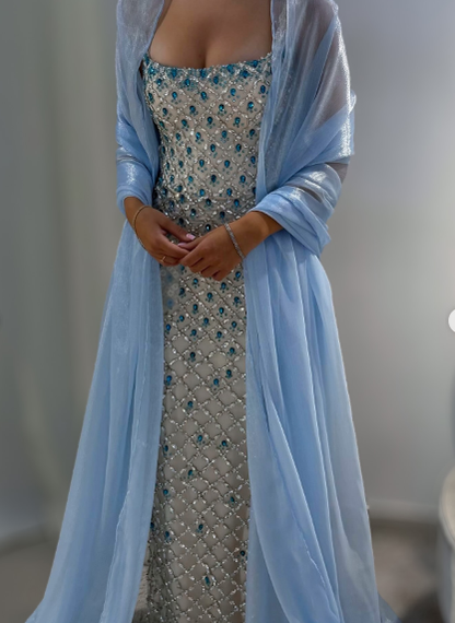 Gorgeous Strapless Blue Sequin Beaded Sheath Long Party Dress Formal Birthday Party Gown SP772