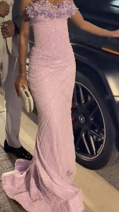Gorgeous Pink Sweetheart Neck Satin Beaded Mermaid Long Party Dress Birthday Dress SP2590