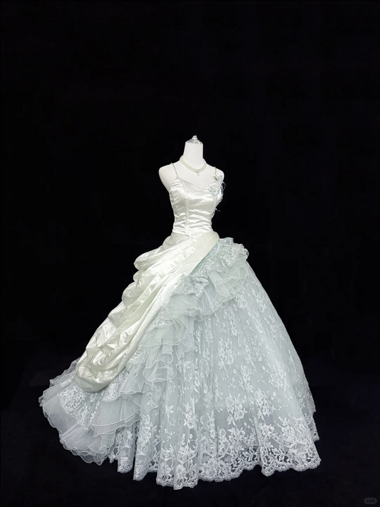 Pretty Spaghetti Straps Tulle Lace Satin Sweet 15 Dress Ice Blue Quinceanera Dress SP2214