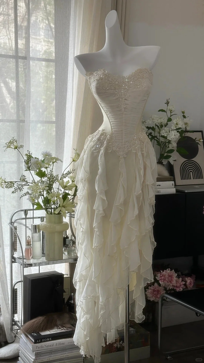 Chic Off White Chiffon Ruffles Party Dress,Strapless Appliques Prom Dress Y8743