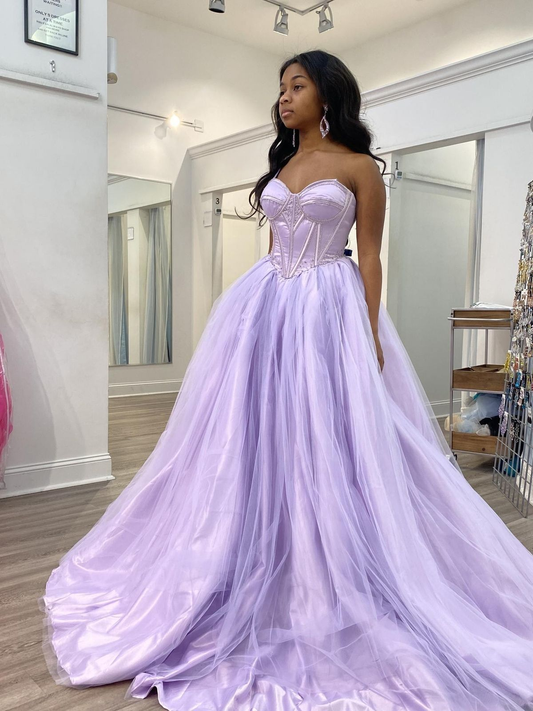 Lavender Corset Back Tulle Ball Gown,A-line Prom Dress Y4580