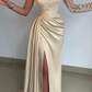 Elegant One Shoulder Lace Long Sleeve Satin Prom Dress With Slit Y6636