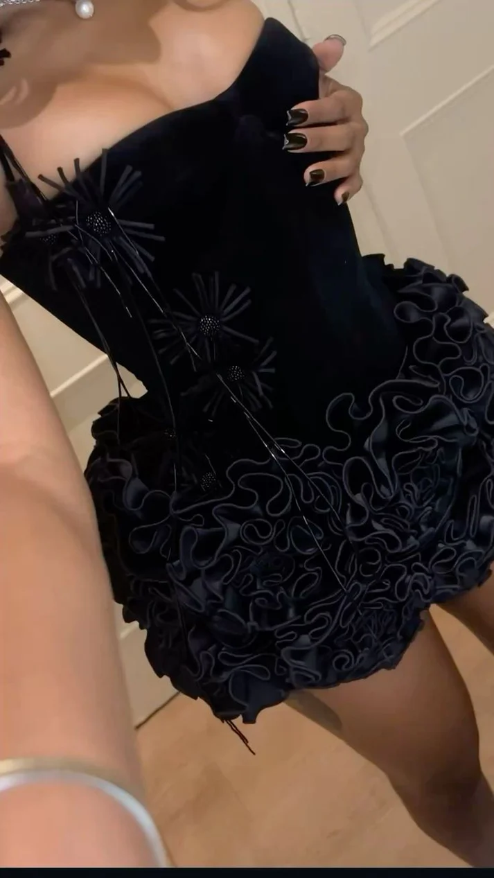 Vintage Black Satin Rose Pleated Halter Cocktail Dress Short Birthday Dress Homecoming Dress Y9321