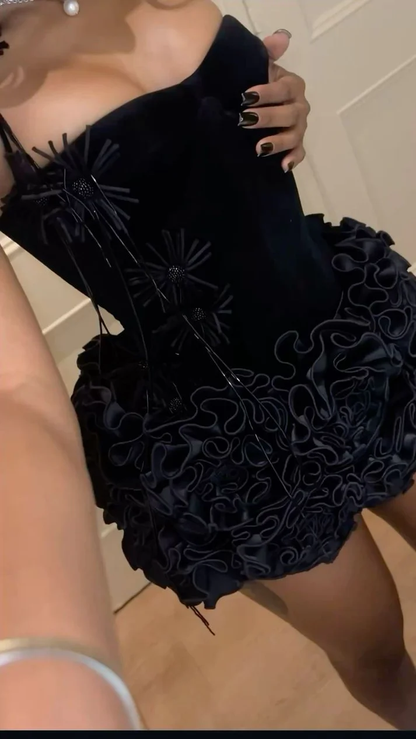 Vintage Black Satin Rose Pleated Halter Cocktail Dress Short Birthday Dress Homecoming Dress Y9321