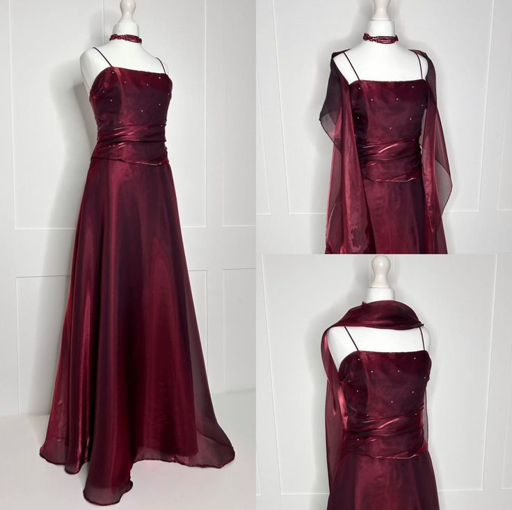 Stylish Spaghetti Straps Satin Tulle Beaded A Line Long Wedding Guest Dress Burgundy Party Dress SP2247