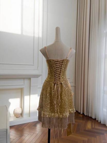 Glitter Gold Sequin Sheath Short Birthday Outfits Graduation Homecoming Dress Y8983