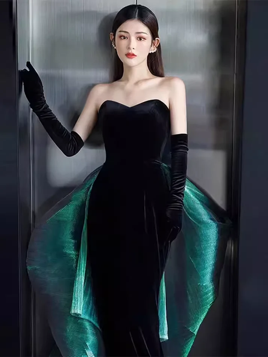 Sexy Mermaid Long Black Velvet Prom Dresses Long Prom Gown With Gloves Y7286
