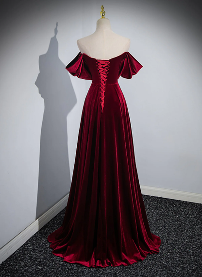Wine Red Velvet Off Shoulder A-Line Long Party Dress, Wine Red Floor L Simplepromdress Wine Red Velvet Off Shoulder A-Line Long Party Dress, Wine Red Floor L Simplepromdress