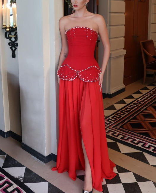 Pretty Strapless Red Chiffon Sequin Beaded Slit Mermaid Prom Dress Long Party Dress SP356