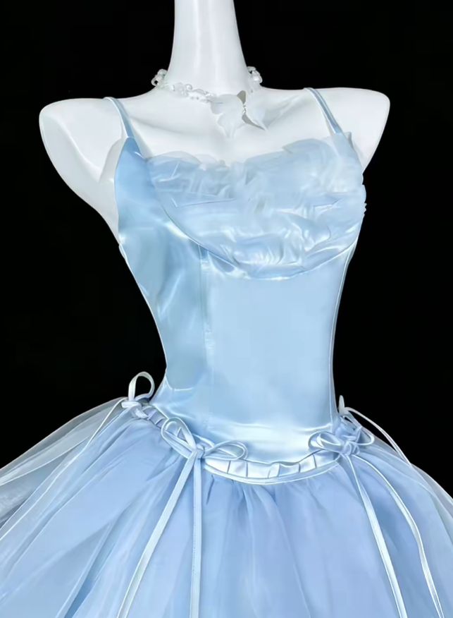 Elegant Spaghetti Straps Blue Satin Tulle A Line Short 6th Grade Homecoming Dress Cocktail Dress SP3496