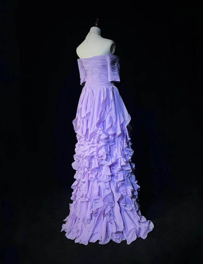 Classy Purple Off The Shoulder Chiffon Ruffle Long Evening Dress Formal 21th Birthday Outfits With Beads SP1969