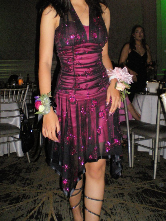 Vintage Hot Pink Satin Tulle Sequin Cocktail Dress Sexy Halter A Line Homecoming Dress Y8923