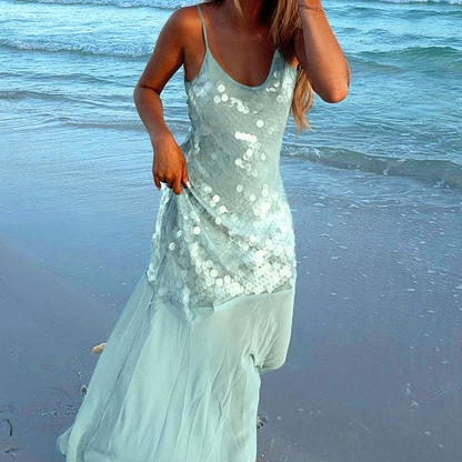 Glamorous Spaghetti Straps Light Green Sequin Chiffon Mermaid Long Party Dress Prom Dresses SP1410