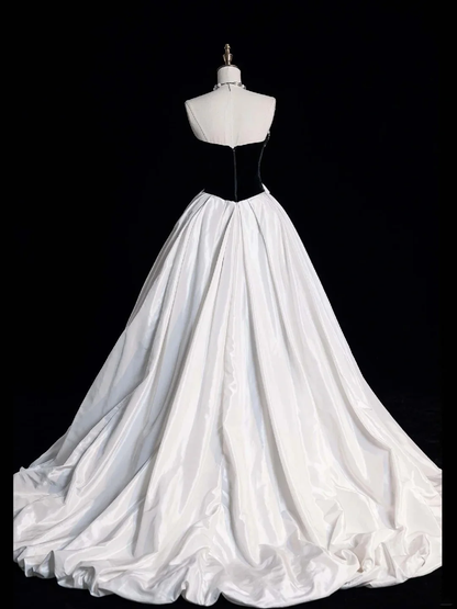 Modest Ball Gown Sweetheart Neck Black Top White Satin Long Prom Dress Party Gown SP4101