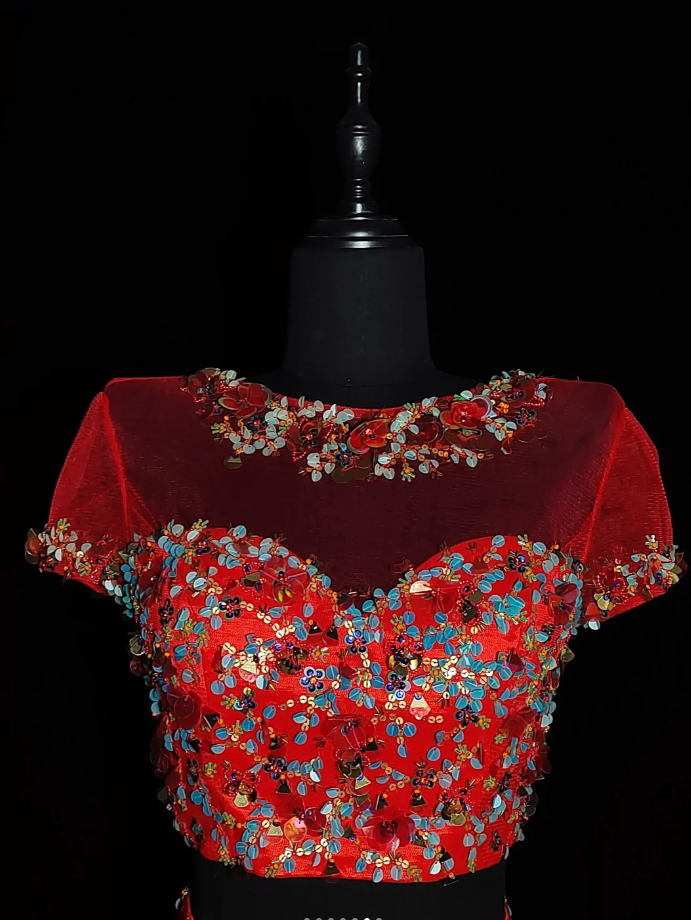 Pretty Red Tulle Sequin Beaded Mermaid Evening Dress Long Prom Gown Two Piece SP433