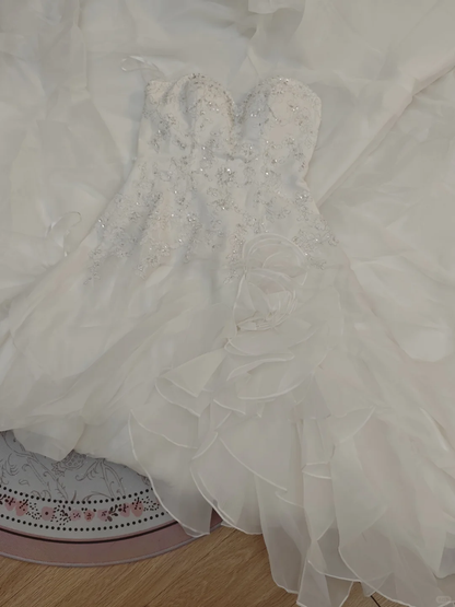 Glamorous Strapless White Lace Beaded Tulle Ruffles Long Wedding Dress SP2165