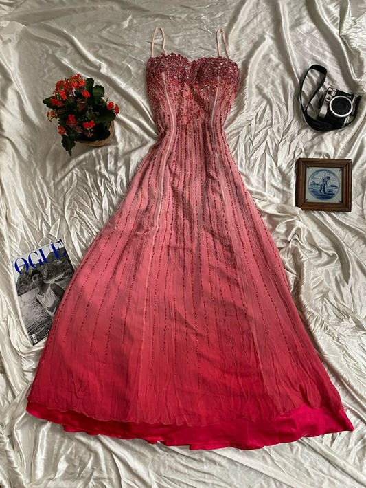 Pretty Spaghetti Straps Ombre Pink Chiffon Sequin Beaded Mermaid Long Party Dress Birthday Prom Gowns SP2278