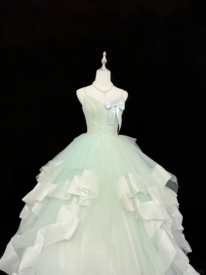 Sweet Spaghetti Straps Mint Green Tulle Ball Gown Formal Quinceanera Dress With Bow SP2218