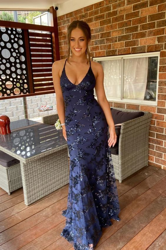 Navy blue mermaid tulle and sequins long formal prom dress with v neckline and lace up back Y5221
