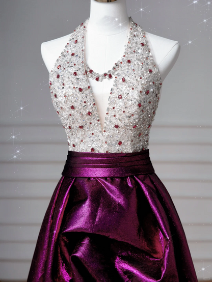 Classy Halter Purple Beaded Satin A Line Prom Dress Long Evening Dress Y8609