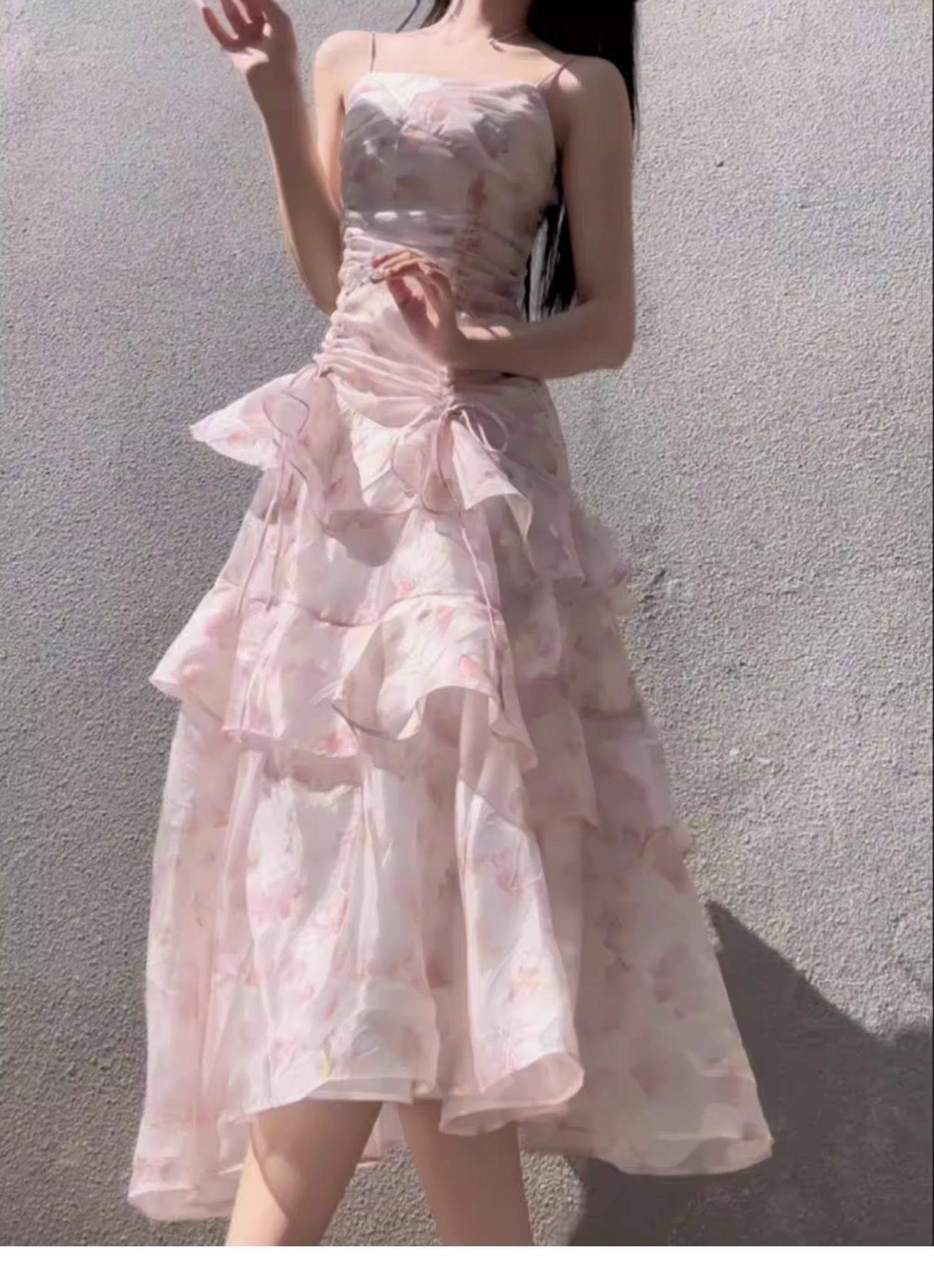 Charming Pink Chiffon Print Floral layered Ruffles Mermaid Party Dress Formal Birthday Prom Dresses SP2000