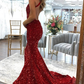 Red Mermaid Formal Dresses Sequins V Neck Long Prom Dress Crossed Back Sweeping  Y4290