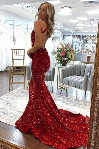 Red Mermaid Formal Dresses Sequins V Neck Long Prom Dress Crossed Back Simplepromdress Red Mermaid Formal Dresses Sequins V Neck Long Prom Dress Crossed Back Simplepromdress