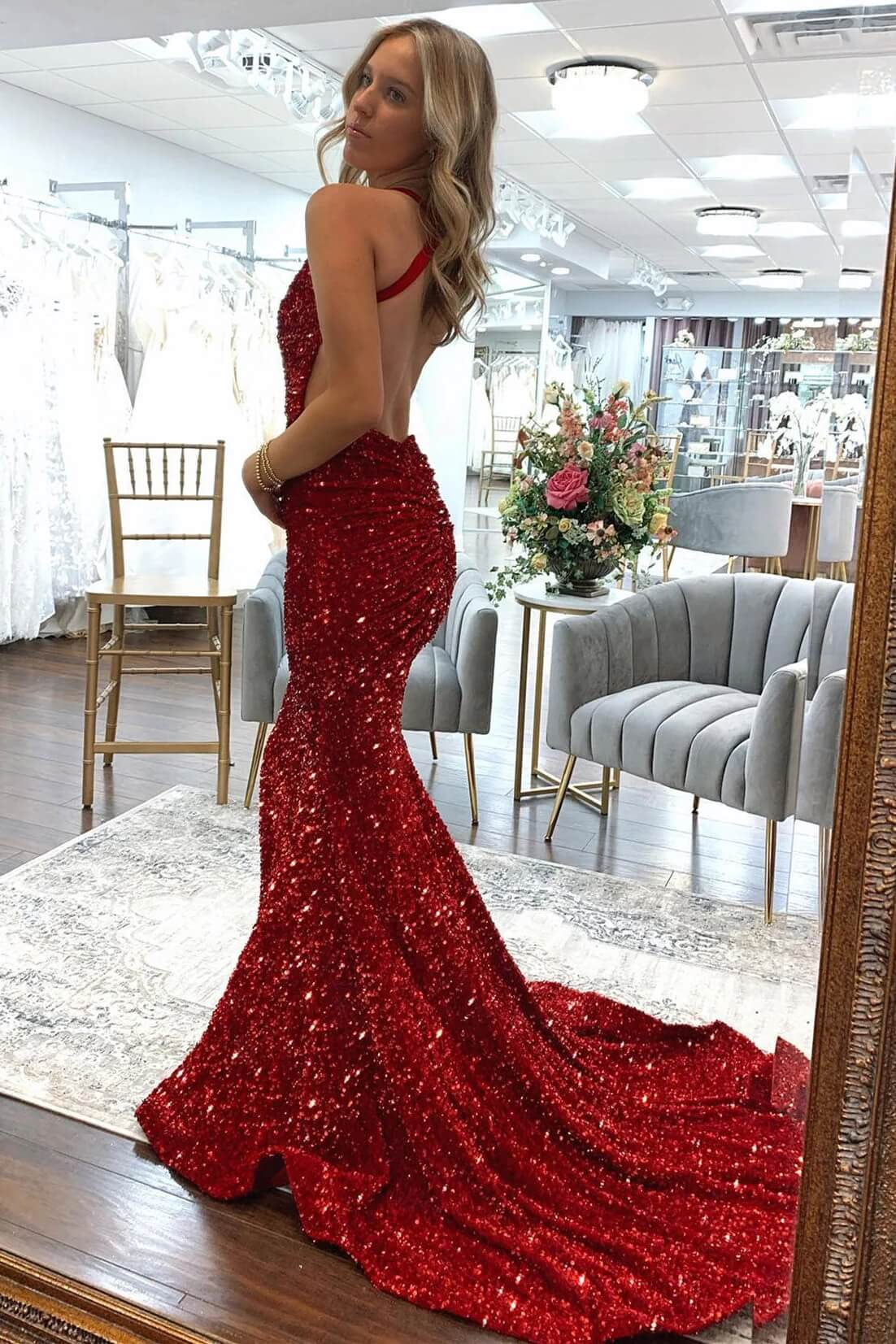 DDreamdressy Red Sequin Fringe V-Neck Lace-Up Back Mermaid Long Prom Dress with Slit Red / US 14