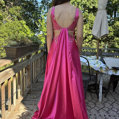 Elegant V Neck Satin Beaded Long Wedding Guest Dress Pink Long Evening Dress SP3765