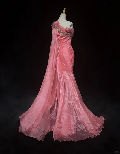 Pretty Peach Pink Satin Tulle Beaded Sheath Graduation Homecoming Dress,Formal 17th Birthday Outfits SP2896