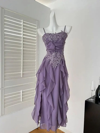 Simple White Spaghetti Straps Chiffon Appliques Party Dress Birthday Outfits Y8916
