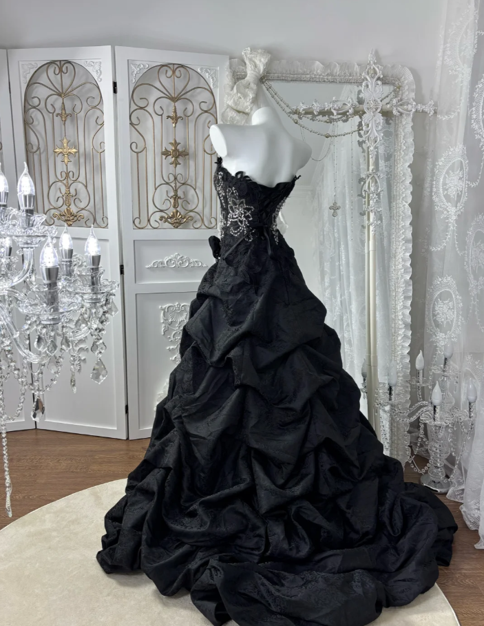 Pretty Black Lace Satin Print Floral Mermaid Long Party Dress,Formal Birthday Prom Dress With Beads SP1443