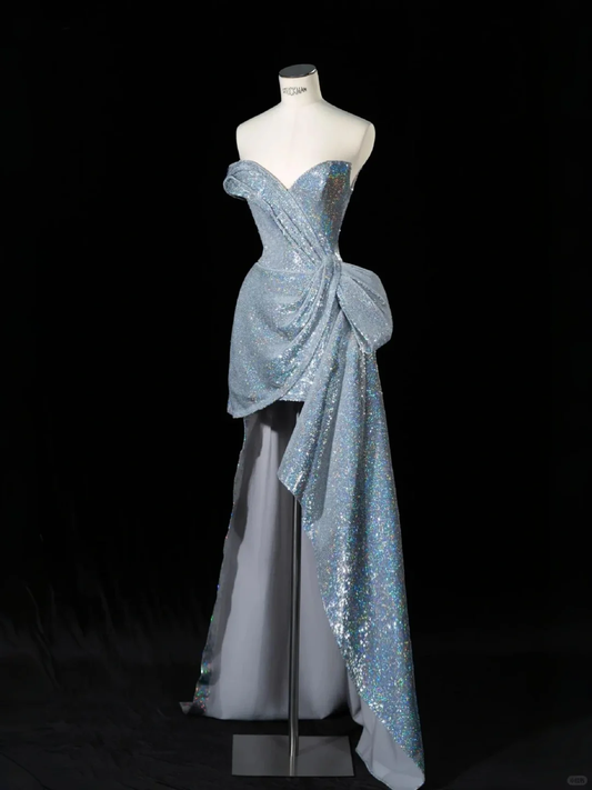 Sparkly Blue Sequin Strapless 7th Grade Homecoming Dress Birthday Outfits Y9045