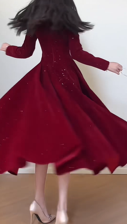 Pretty Square Neck Red Velvet Sequin A Line Birthday Outfits Formal Long Evening Gown SP623