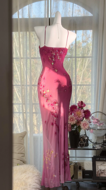 Gorgeous Spaghetti Straps Ombre Pink Sequin Beaded Mermaid Long Party Dress Evening Dress SP2181