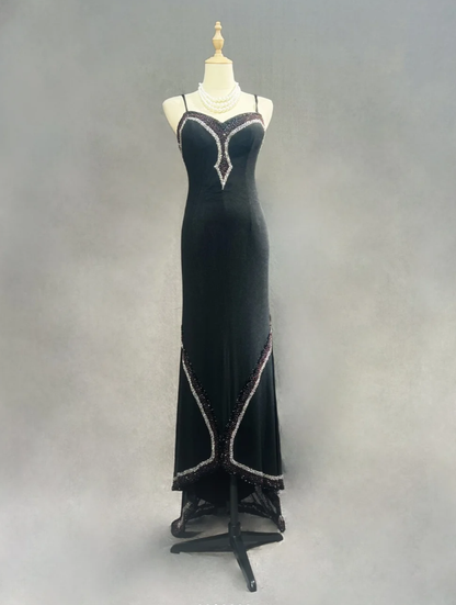 Stylish Spaghetti Straps Black Satin Beaded Mermaid Long Party Dress Formal Wedding Guest Dress SP1279
