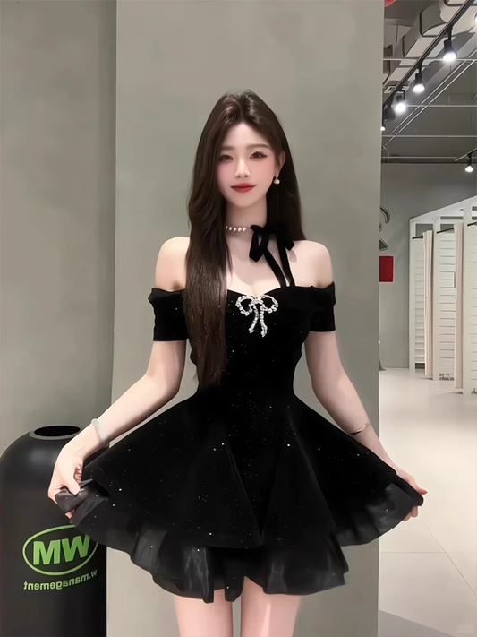 Vintage Black Off The Shoulder Velvet A Line Short Cocktail Dress Formal Homecoming Dress SP124