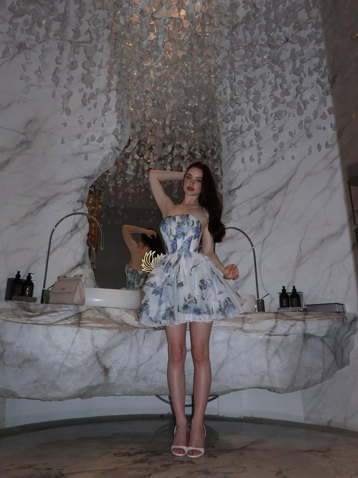 Pretty Strapless Organza Printed Floral Ruffle A Line Short Birthday Dress Homecoming Dress SP2304