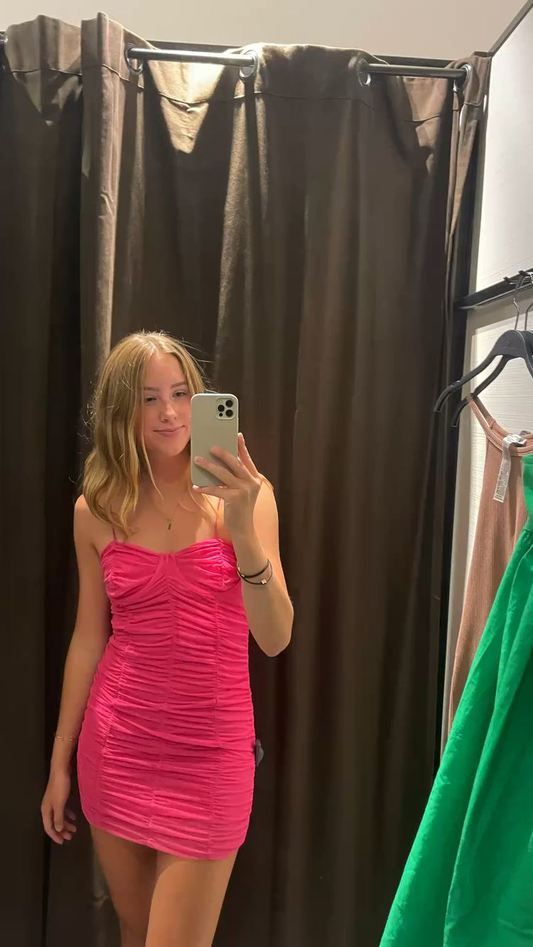 Spaghetti Straps Hot Pink Homecoming Dress, Hot Pink Bodycon Dress  Y2272