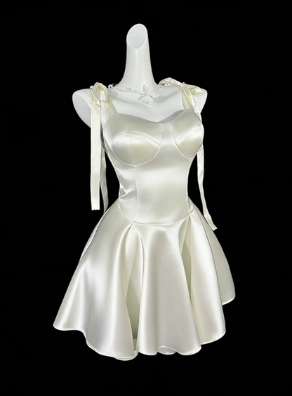 Cute Bow Straps Satin A Line Short Prom Dress,Off White Short 6th Grade Homecoming Dress SP3504