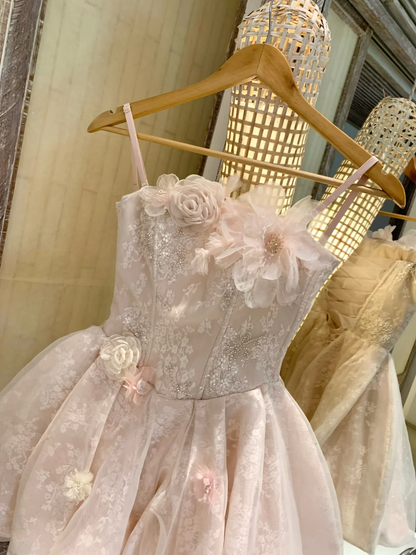 Glamorous Spaghetti Straps Tulle Lace Beaded A Line Short 6th Grade Homecoming Dress Pink Mini Birthday Outfits With Appliques SP2358
