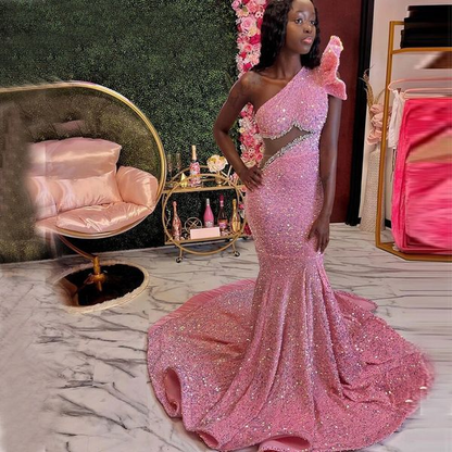 Pink Beaded Sequins Evening Dress,One Shoulder Mermaid Prom Dress Y6681