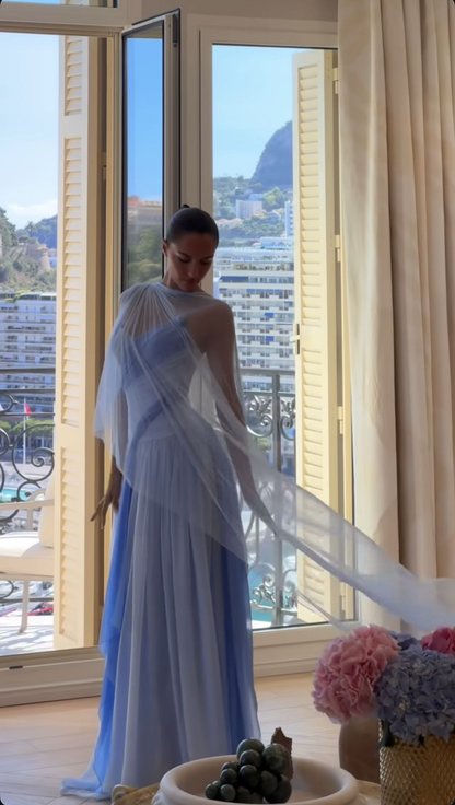 Classy Spaghetti Straps V Neck Blue Chiffon Mermaid Party Dress Long Wedding Guest Dress SP969